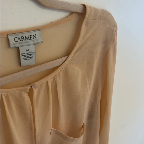 Carmen Marc Valvo Sheer Pink and Cream Blouse with Embellished Cuffs Sleeves - Picture 6 of 7